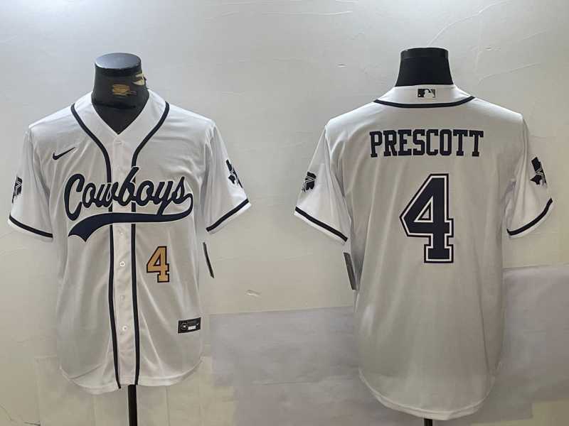 Mens Dallas Cowboys #4 Dak Prescott White With Navy Name Cool Base Stitched Baseball Jerseys